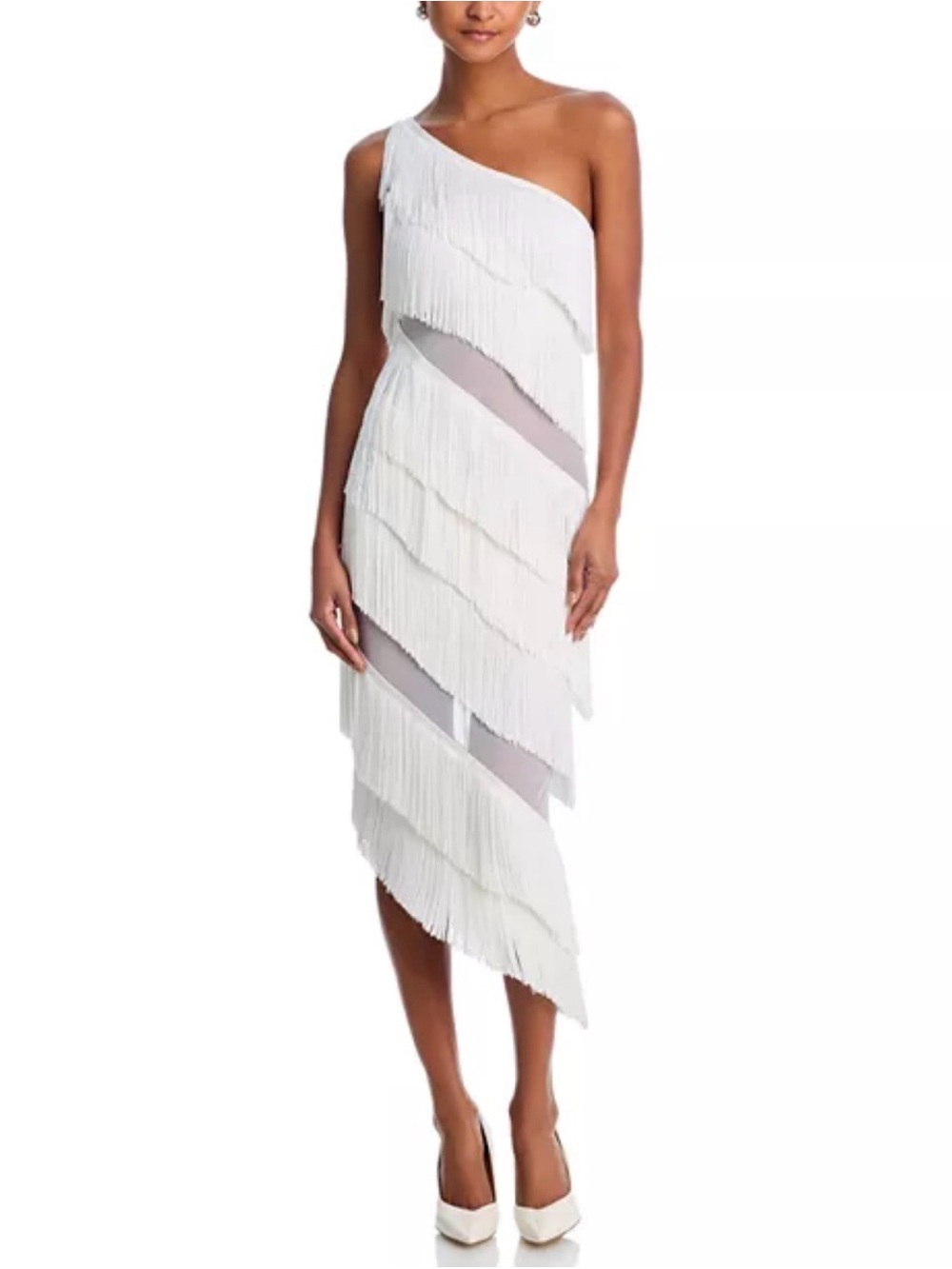 Norma Kamali White One-Shoulder Fringe Asymmetrical Dress